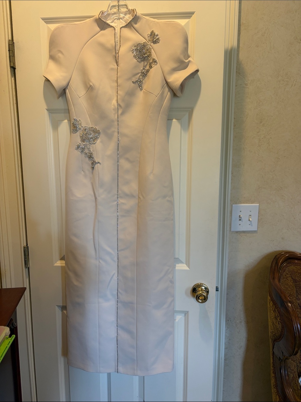 Miss Rosier Quintella Neutral Floral Crystal Midi Dress